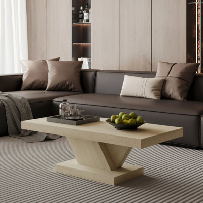 Table basse moderne 47 "à pieds croisés, chêne délavé, placage en bois massif, conception en forme de X avec rangement | Idée cadeau