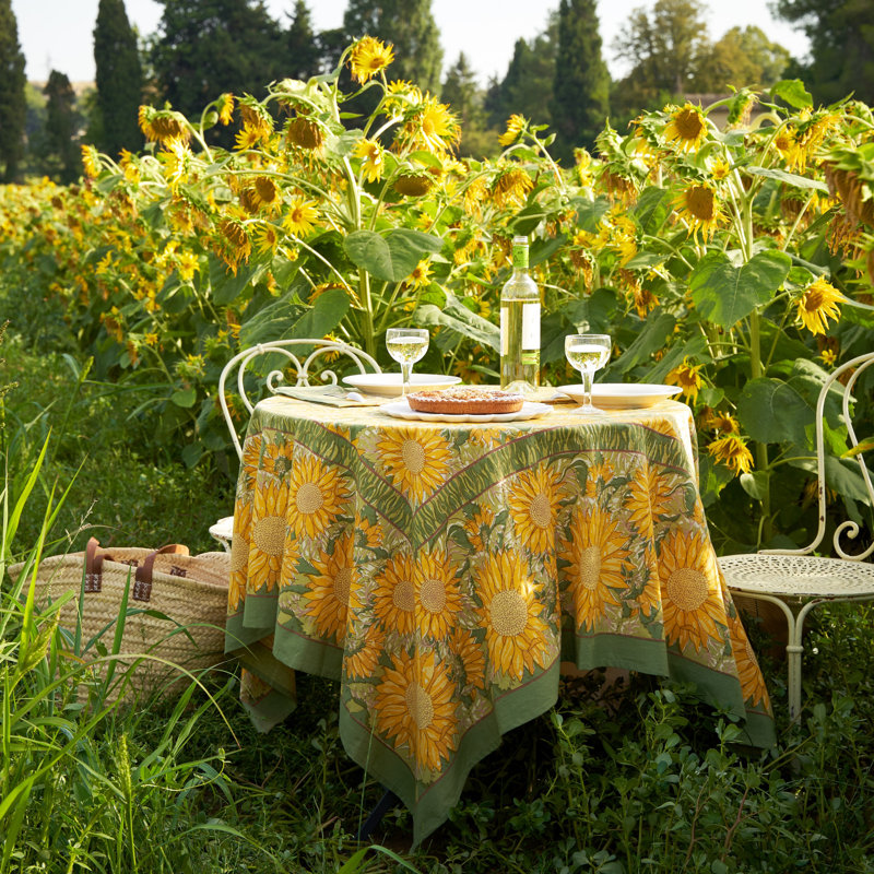 Sunflower Handmade Floral Tablecloth, 70" x 70", Yellow/Green