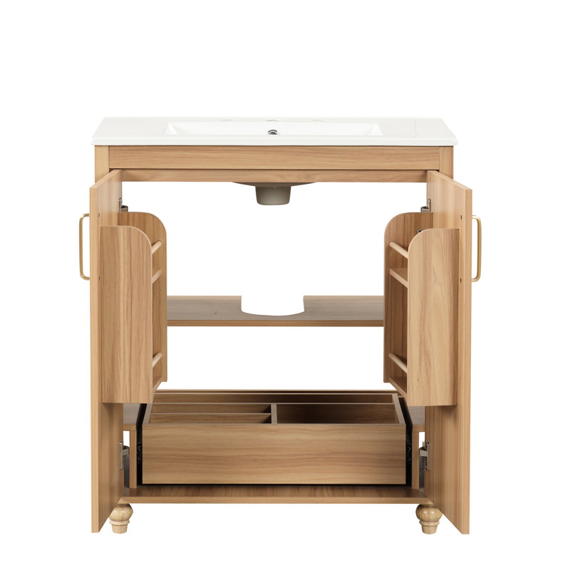 Bathroom Vanity Sink - Natural Board & Solid Wood Cabinet 30" With Sink, Elegance. Dependable . Ceramic Basin. Adjustable Shelf. Functional Storage Unit