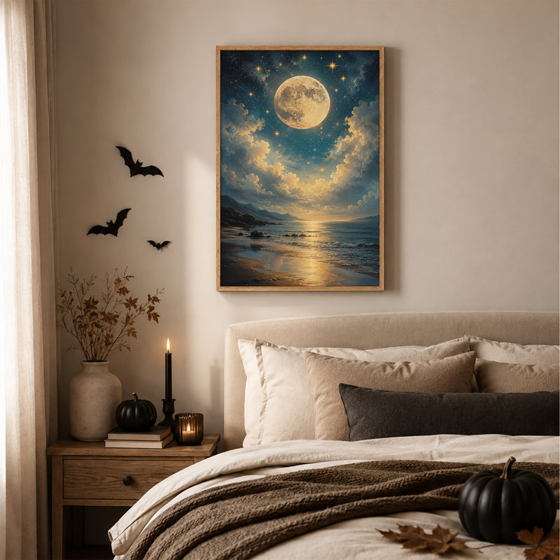 Art mural sur toile Glow Full Moon Over Golden Clouds and Ocean, H 48 po x l 32 po
