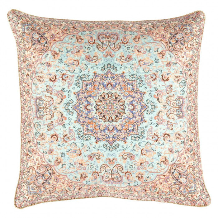 Termeh Wool/Silk Throw Square Pillow Cover & Insert, Blue/Beige Paisley