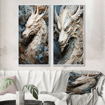 Epic Blue And Grey Dragon Odyssey - Dragons Canvas Wall Art Set Of 2