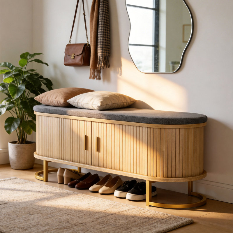 47.2'' Oak Entryway Storage Bench With Sliding Doors, Upholstered Shoe Bench With Sturdy Metal Base & Soft Cushion, Multifunctional Organizer For Entry, Bedroom & Living Room