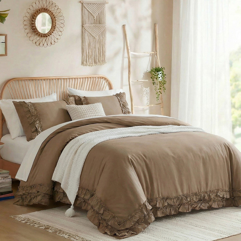 Housse de couette 100% coton, Housse de couette très grand et 2 taies d'oreille, Marron foncé