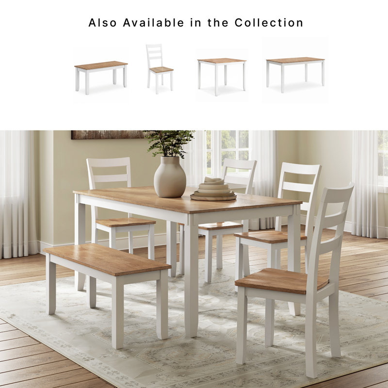 Table de salle à manger Malkin avec 4 chaises et banc, ensemble de 6, Blanc, White