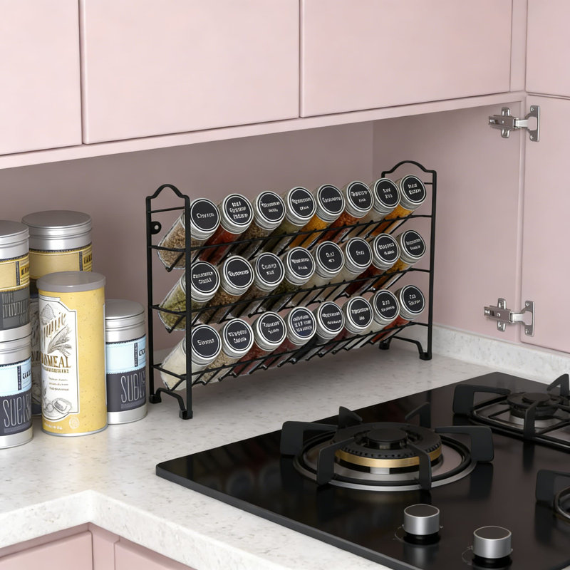 Étagère à épices à 3 niveaux avec 24 pots en verre, 396 étiquettes, entonnoir et marqueur craie | Ensemble de rangement de cuisine tout-en-un pour armoire, comptoir ou fixation murale