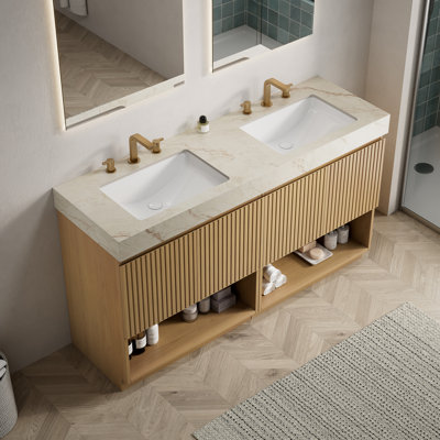 Meuble-lavabo FINO 60, sur pied, comptoir en pierre frittée couleur crème veinée or et lavabo en céramique avec 3 trous pré-percés pour robinetterie, démonté, robinetterie et bonde non inclus, couleur chêne Corolla