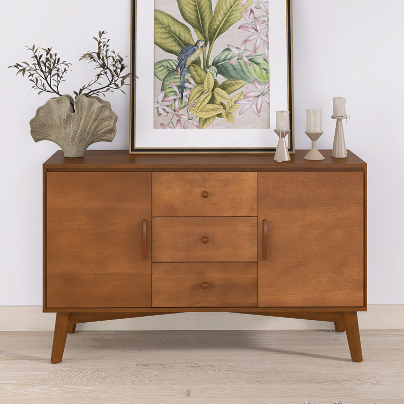 Buffet de 47 po de style Mid-Century moderne avec base et pieds en bois massif épais