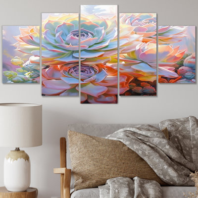 Delicate Blossoming Succulent Tender Pastels I - Décoration murale succulente - 5 panneaux