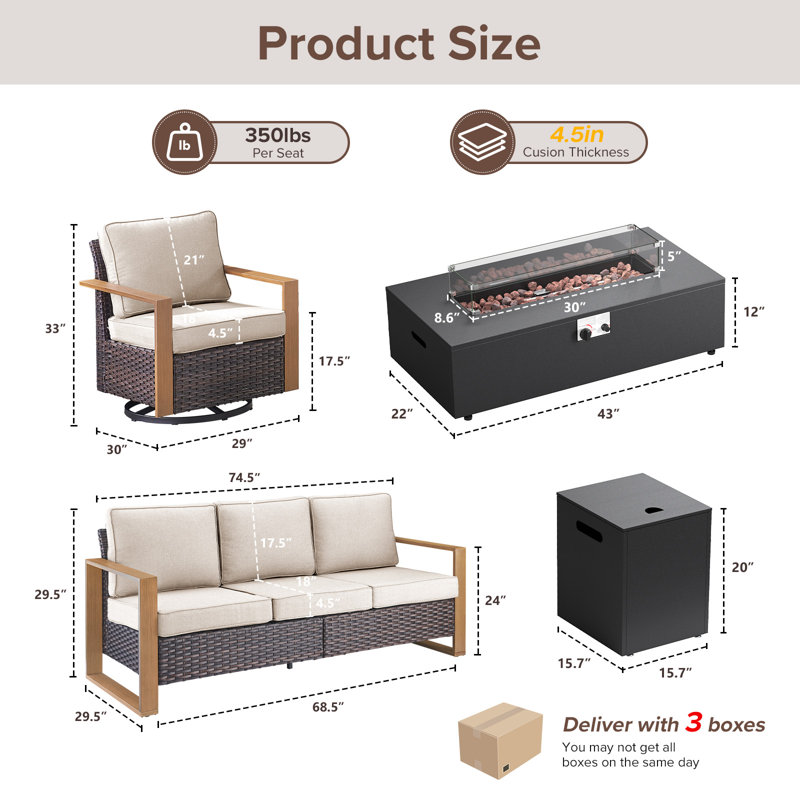 Drazen 5 - Person Patio Furniture Set With Fire Pit Table, All-Weather Wicker Outdoor Conversation Set With Chair And Thick Cushions