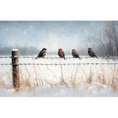 Four Birds on a Fence during Winter