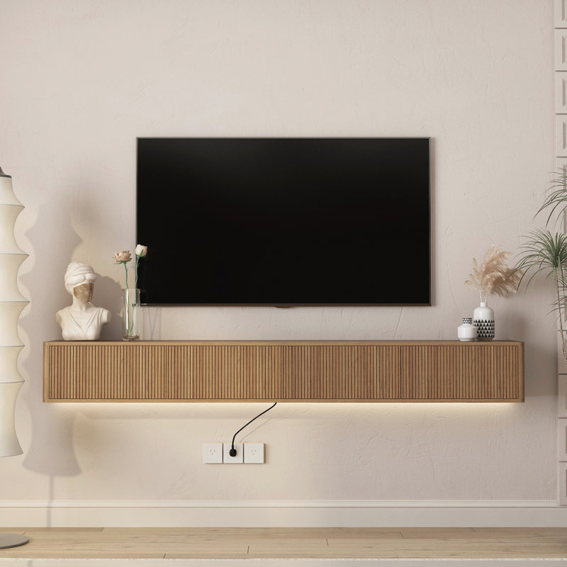 78.7" Wall Mounted TV For Tvs Up To 85'', Floating TV Stand With LED Lights & Power Outlet, Brown, 9.8" H x 78.7" W x 11.8" D