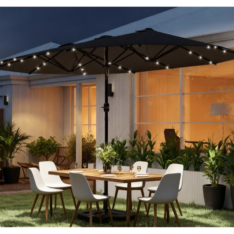 Parasol à DEL à énergie solaire double pour patio et jardin, protection solaire à double auvent, support additionné de 12 nervures, structure en acier, fermeture facile avec manivelle, matériau gris, longueur 14,4 pi x