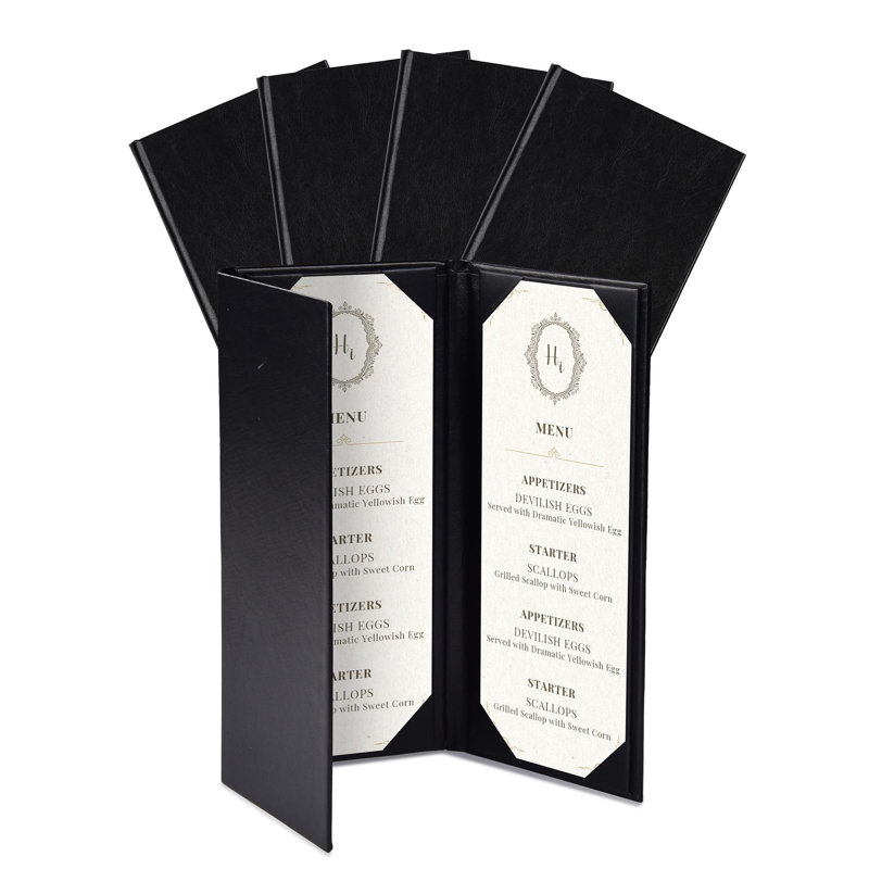 Porte-menu WeChef pour restaurant à 3 volets de 4,25 po x 11 po avec 3 panneaux de présentation en cuir synthétique et coins inclinés pour la liste des vins