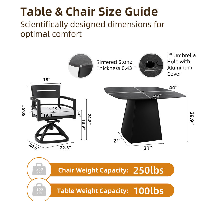 Outdoor 5 Pedestal Dining Featuring 44" Rounded Square Sintered Stone Table, 4 Swivel Rockers, Fade- Cushions And Structure Table With Weather- Adjustable Base