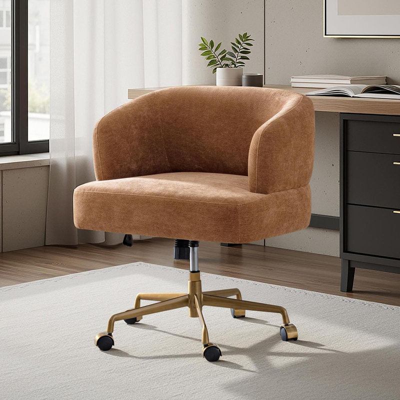 Chaise de bureau pivotante en chenille simple avec accoudoirs courbés Jacqueline, Caramel