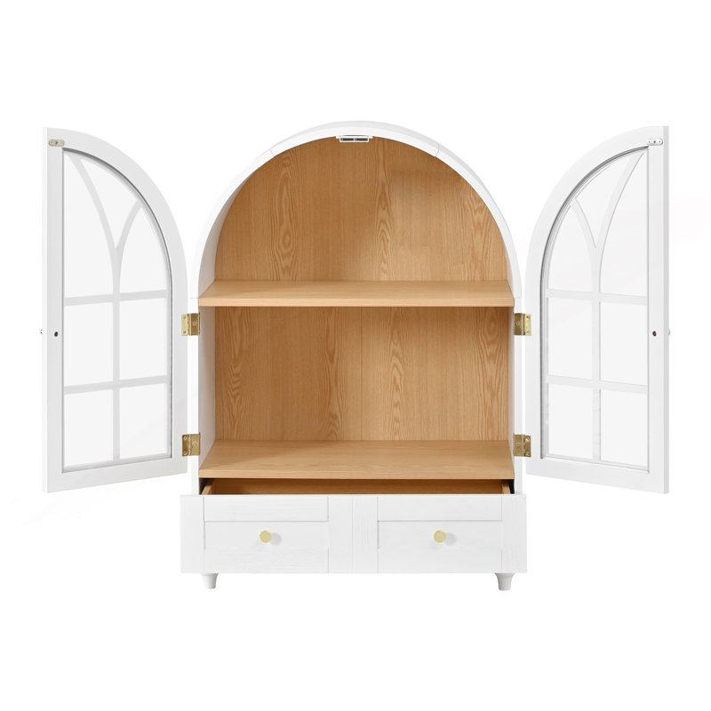 Arched Display Cabinet with Tempered Glass Doors, Storage Cabinet, Accent Cabinet with Drawers, White