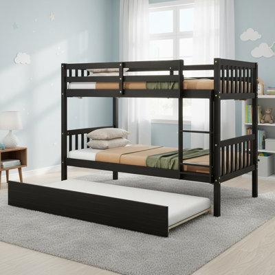 Solid Wood Twin Over Twin Bunk Bed with Trundle, Convertible Into 2 Twin Beds, Twin Size Bunk Bed with Ladder for Boys& Girls