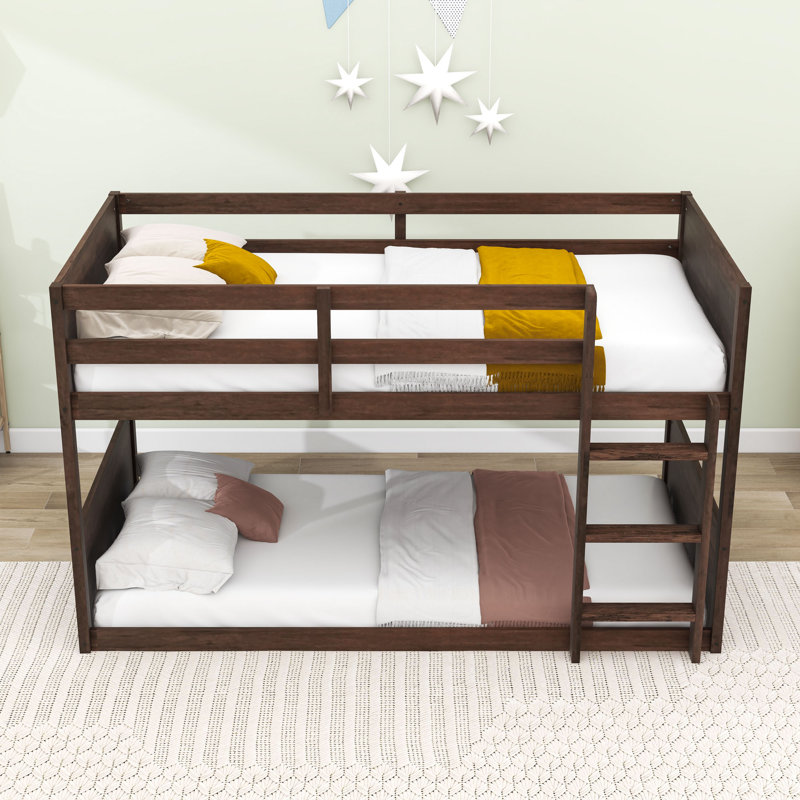 Twin Over Twin Floor Bunk Bed With Guardrails And Slats, Antique Oak