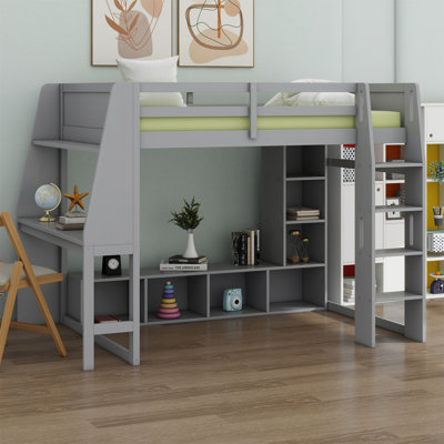 Lit mezzanine en bois avec bureau, étagères à rangement multiples, DEL et portemanteau suspendu
