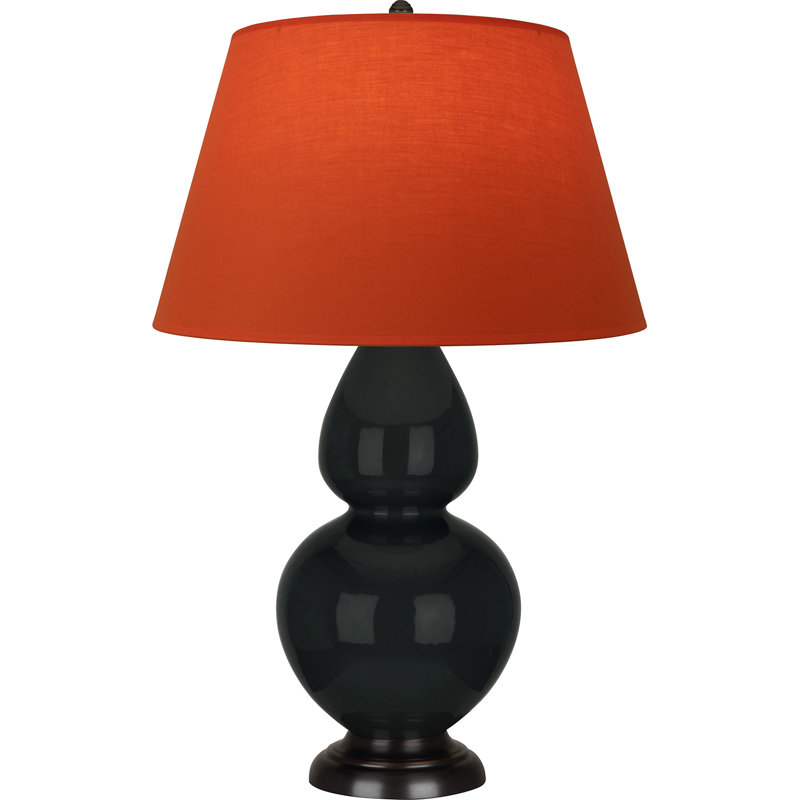 Lampe de table double gourde en céramique, Obsidienne vernie / bronze, Tangerine / doublure taupe, Bronze