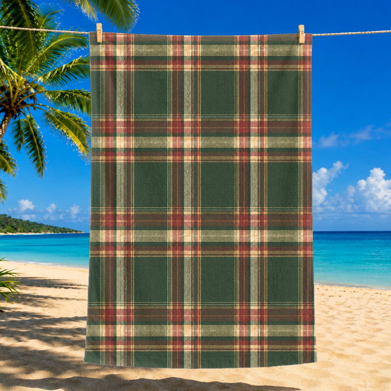 1Pcs Classic Plaid Beach Towel, Featuring a Timeless Red and Green Checkered Pattern. Large Microfiber for Pool, Travel, Camping, Unisex Style.