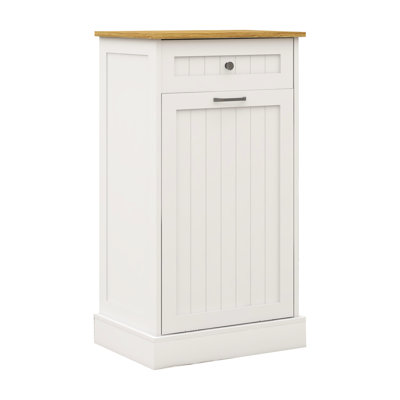 Armoire poubelle blanche E1 à un tiroir et une poubelle inclinable pour 10 gallons, garde le plancher propre, bloque les odeurs, peut placer des cadres photo sur le dessus, s'intègre avec l'armoire pour îlot de cuisine, délicate, peut contenir des plantes grasses