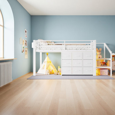 Twin Low Loft Bed With Multi-Storage Spaces, Including Fabric Drawers, Fabric Shelves Beside The Bed, Storage Stairs