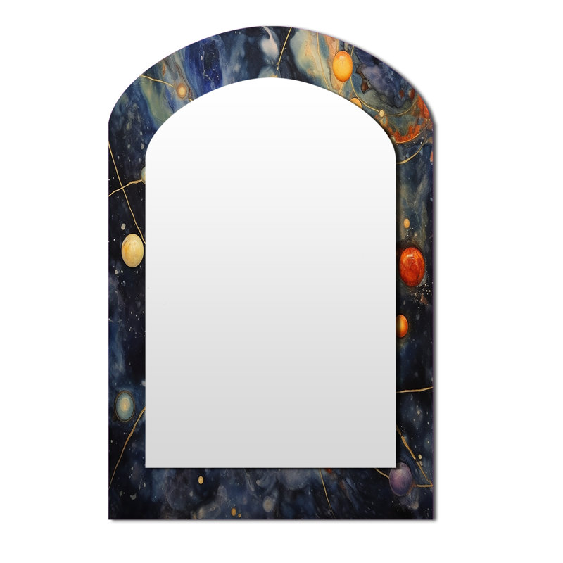 Blue Yellow Galactic Universe - Comets Arch Decorative Mirror, Modern Asymmetrical Large Wall Mirror, Printed Metal Art