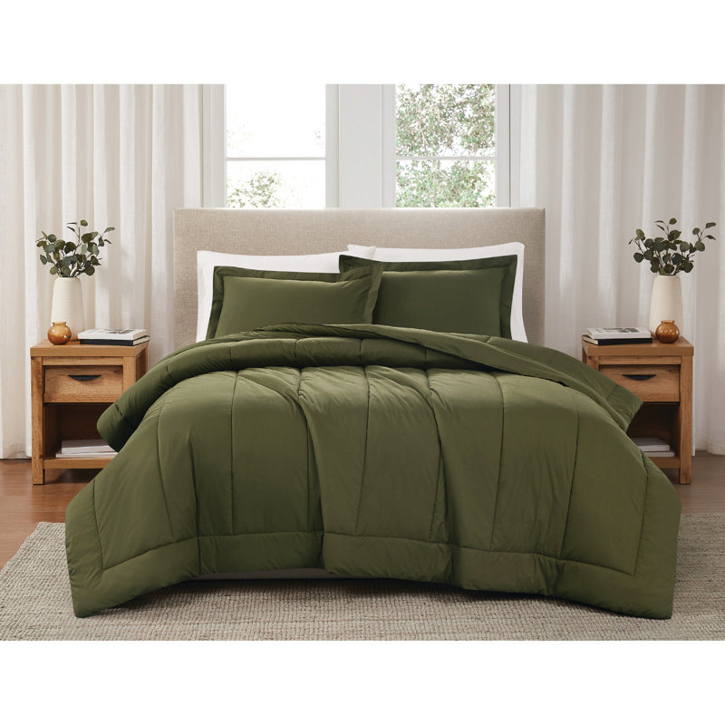 Brooklyn Loom Solid Cotton Percale Comforter Set, King + 2 King Shams, Olive Green