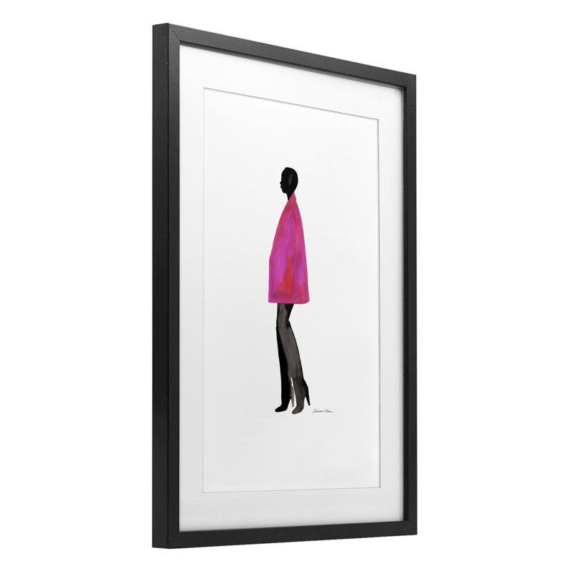 Reproduction sous verre fuchsia rose par Simone Elum, H 20 po x l 14 po, Cadre noir minuit