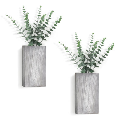 Paquet de 2 vases à fleurs muraux en bois avec eucalyptus artificiel de style maison de campagne à suspendre au mur pour plantes d'intérieur