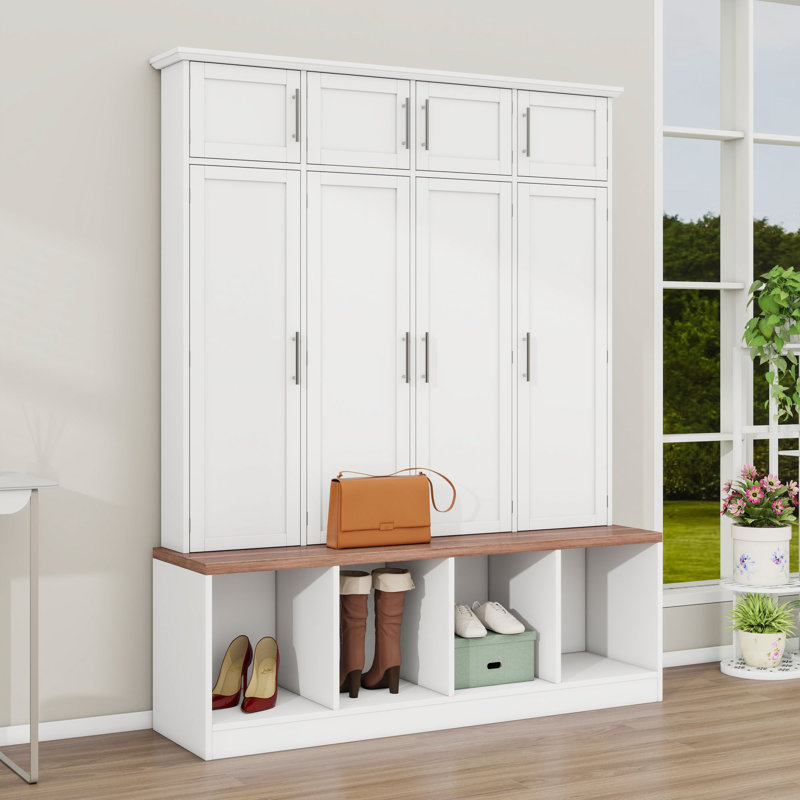 Hall Tree with 4 Hidden Hanging Hooks, Cabinets and Doors, White