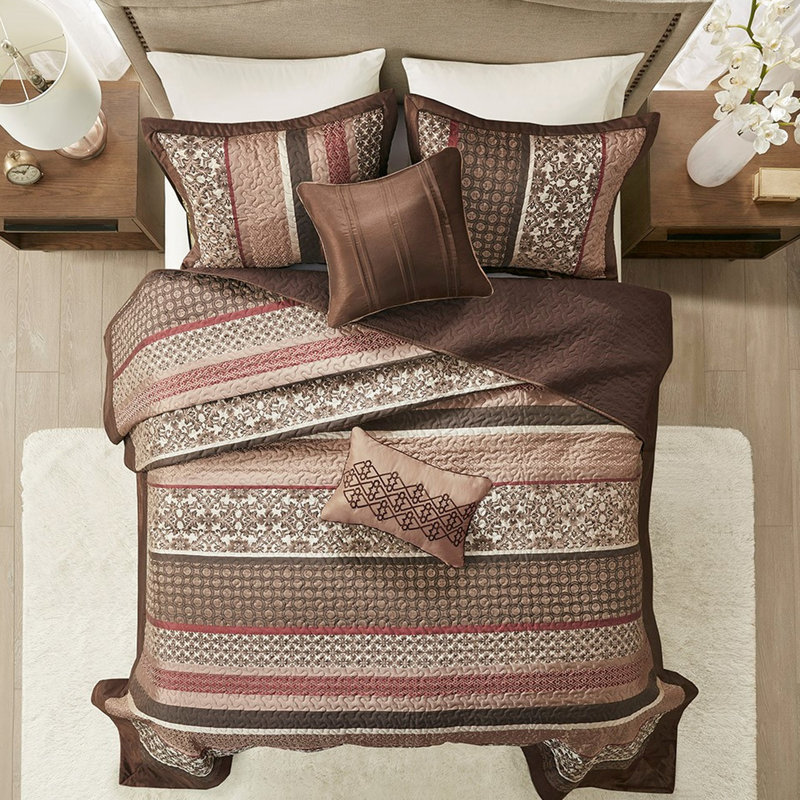 Couvre-lit réversible 5 pièces très grand - belle feuille géométrique et médaillon, 100% avec revers de couleur unie, coussins décoratifs, broderie facile à nettoyer,