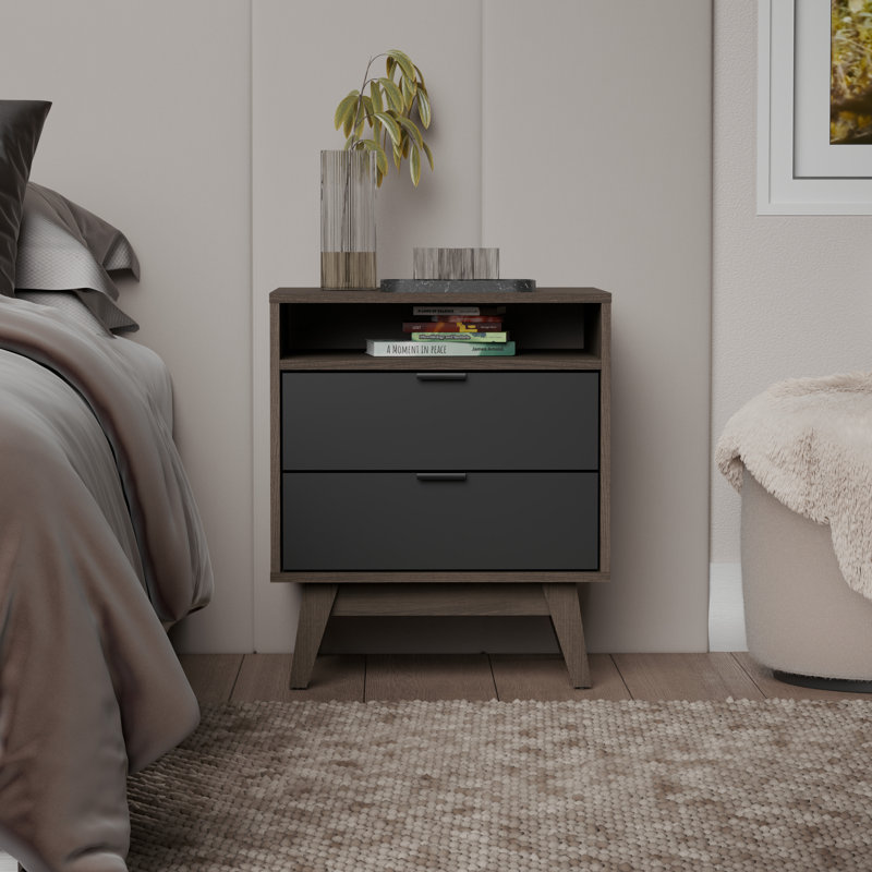 Norlin 2-Drawer Nightstand Set – Modern Bedside Tables for Bedroom or Living Room (Set of 2), Brown/Black