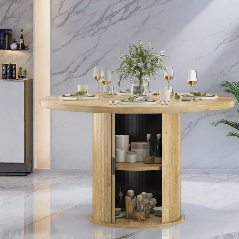 Compact Modern Dining Table, Wood Top With Metal Base For Kitchens