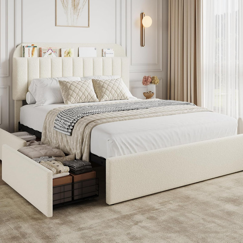Bed Frame With Storage Headboard, Bed Frame With 2 Drawers, Beige, Full