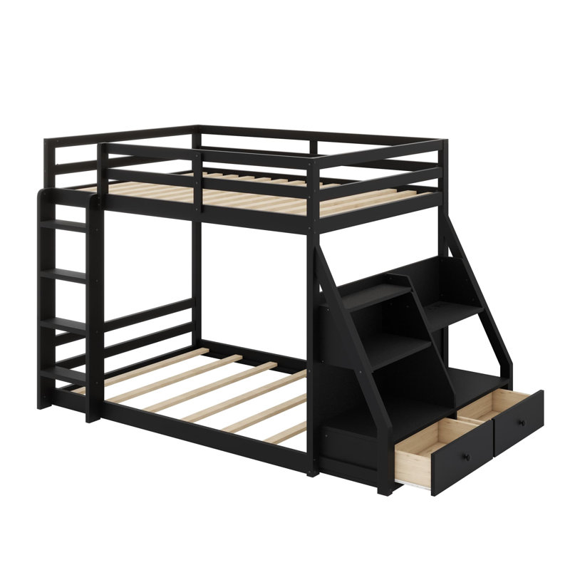 Lit superposé élégant avec lumières DEL, ports USB, tablettes et tiroirs de rangement, Noir