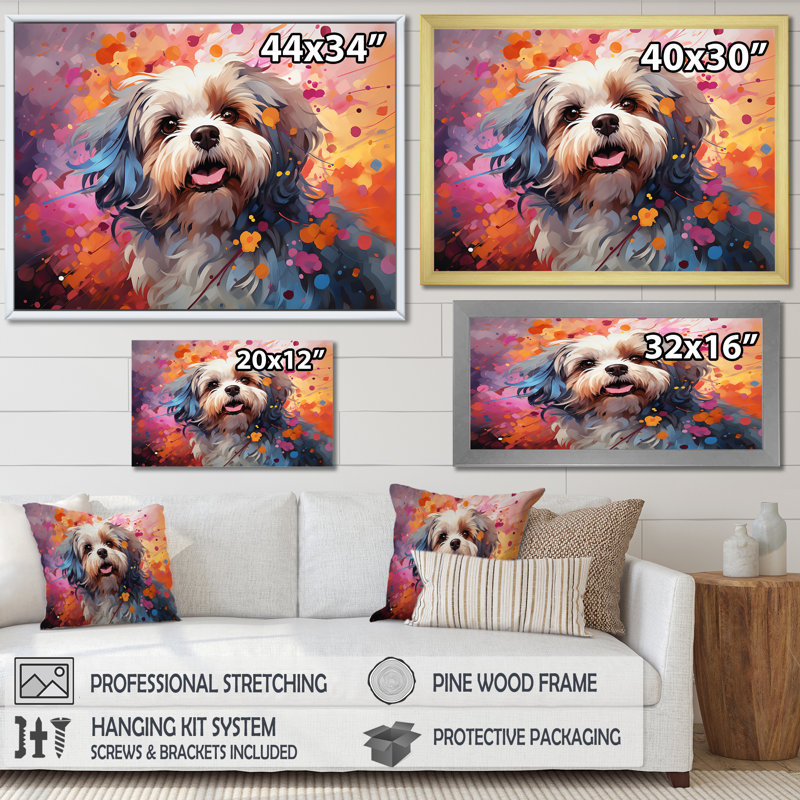 Popart Shih Tzu Serenade - art mural chien, H 30 po x l 40 po x P 1,5 po, Cadre flottant blanc