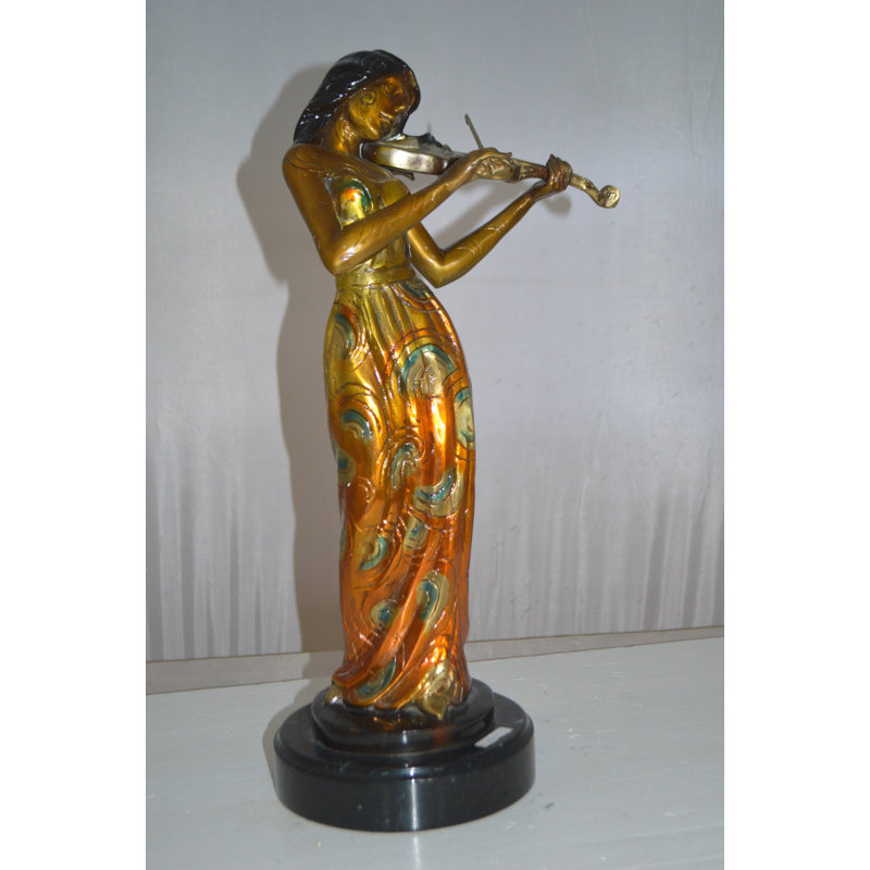 Biyanka Girl Playing the violin Bronze Statue -  Size: 10"L x 7"W x 19"H.