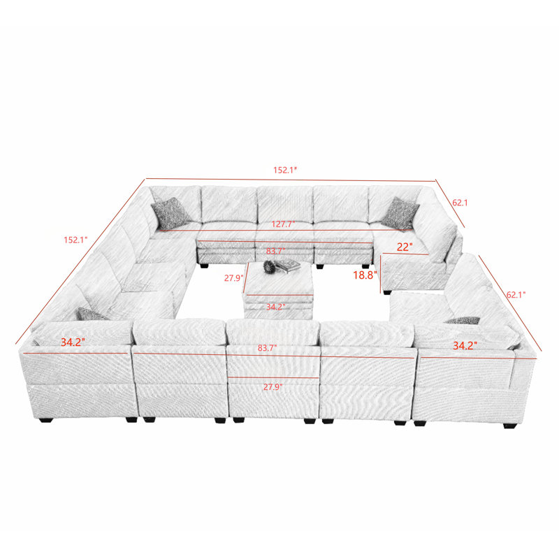 Corduroy Sectional Symmetrical, Grey Corduroy