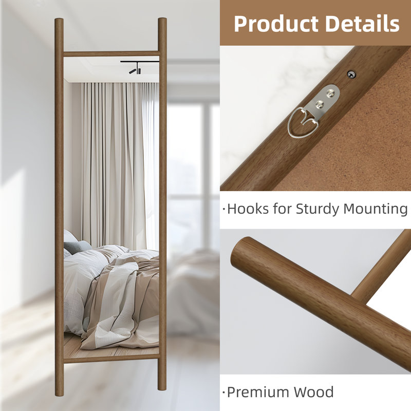 Merienne Wood Dowel Floor Mirror Wall Mirror, Brown, 64" x 21"