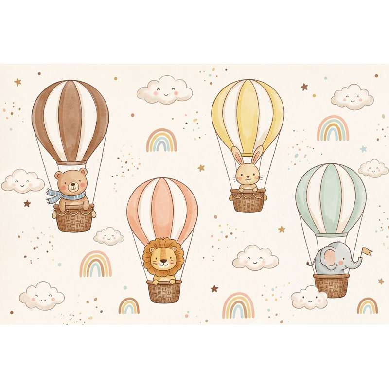 Papier peint pépinière, montgolfières, animaux mignons, décoration murale amovible, 200 po x 120 po, Peler et coller