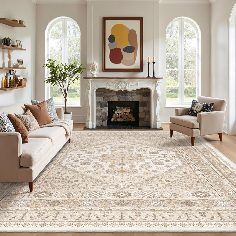 Machine Washable Oriental Floral Non Slip Indoor Area Rug, Rectangle 243.8cm x 304.8cm, Beige