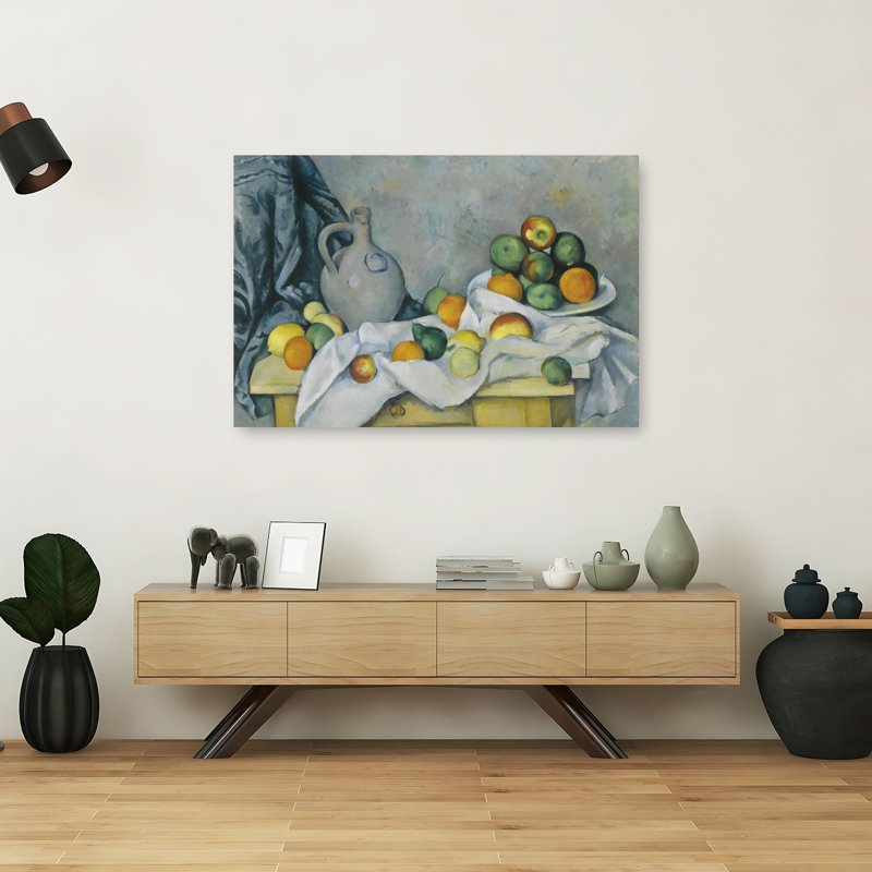 Rideau, cruche et bol de fruits, C., H 40 po x l 60 po