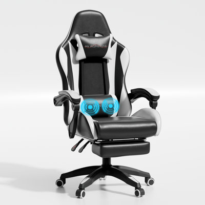 Fauteuil de jeu ergonomique de course, fauteuil de bureau inclinable et pivotant à haut dossier avec coussin de massage lombaire et appui-tête réglable