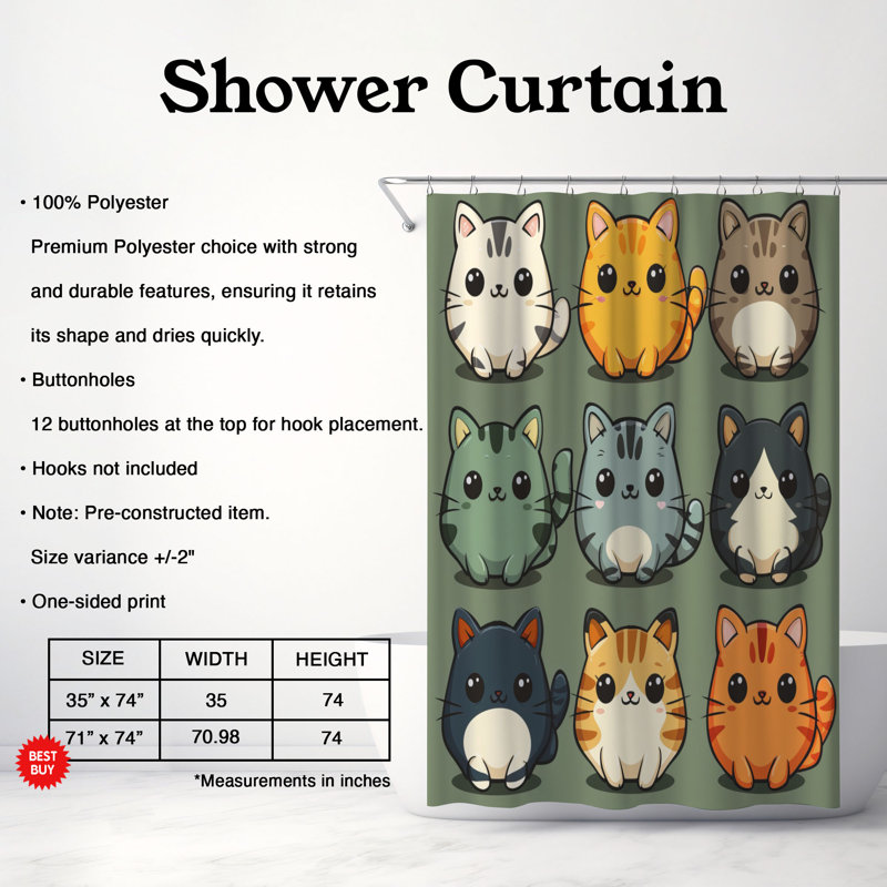 Happy Meow - Rideau de douche Premium, H 74 po x l 71 po