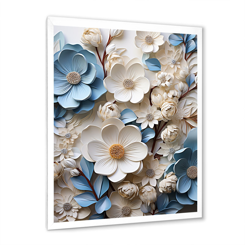 Cornouiller blanc et bleu fleurissant sur fond de tranquillité sur toile, Cadre simple blanc, H 44 po x l 34 po x P 1,5 po