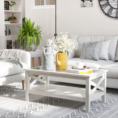 Table basse en chêne blanc, plateau en verre trempé et tablette de rangement, 39,25 po x 21,75 po, style pour le salon avec rangement