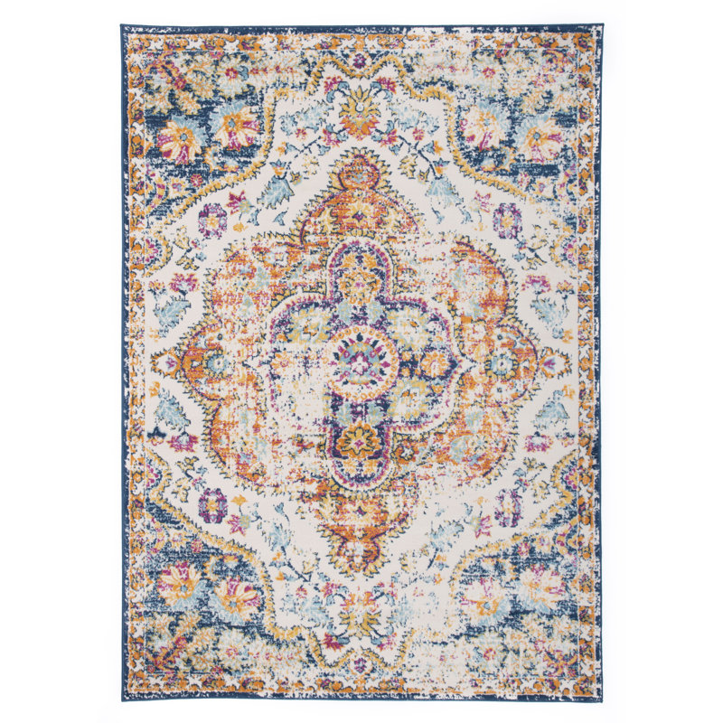 Beverly Oriental Orange/Blue/Cream Area Rug, Rectangle 5' x 7'